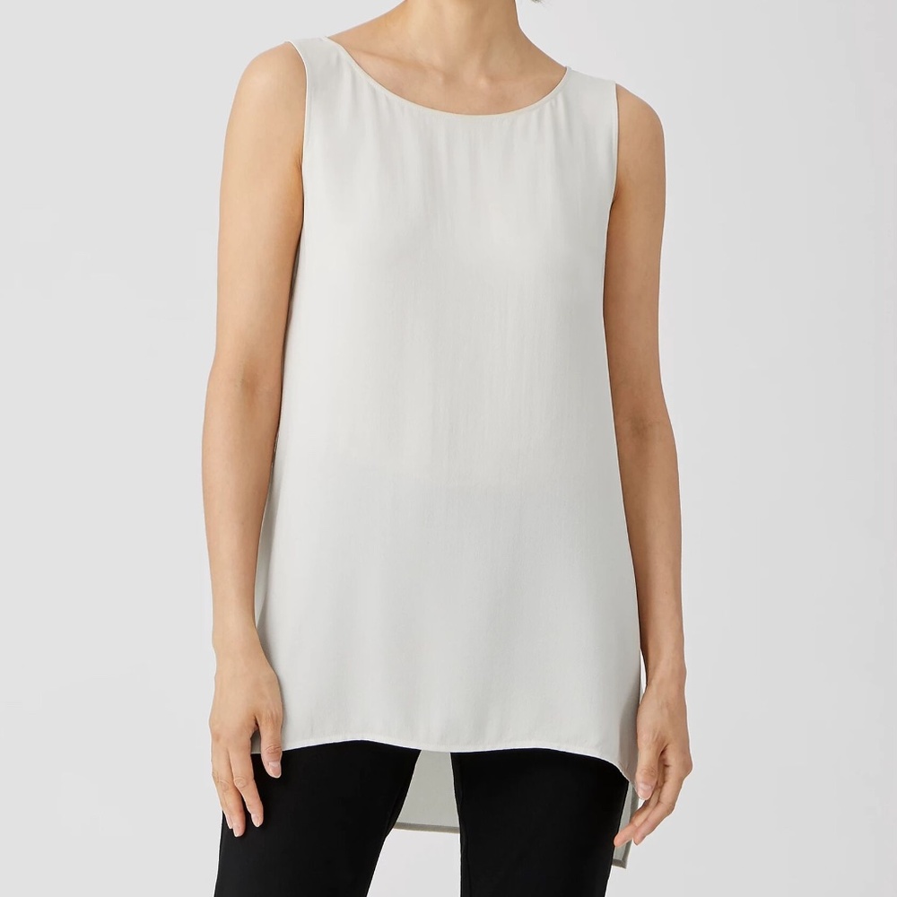 EILEEN FISHER System Silk Georgette Crepe Bateau Neck Shell Tank Top in Bone PS